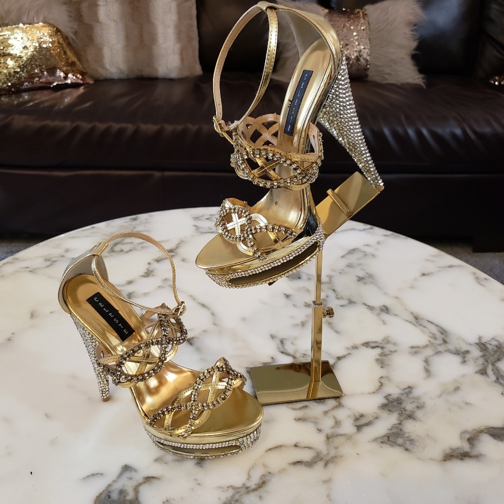 Gold with crystals and rhinestones platform high heel sandal 8.5